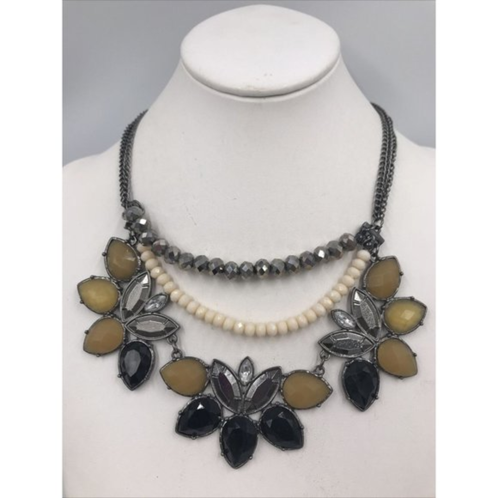 Gun Metal‎ tone Black/Grey Cream Rhinestone Necklace 18" Statement layer strands